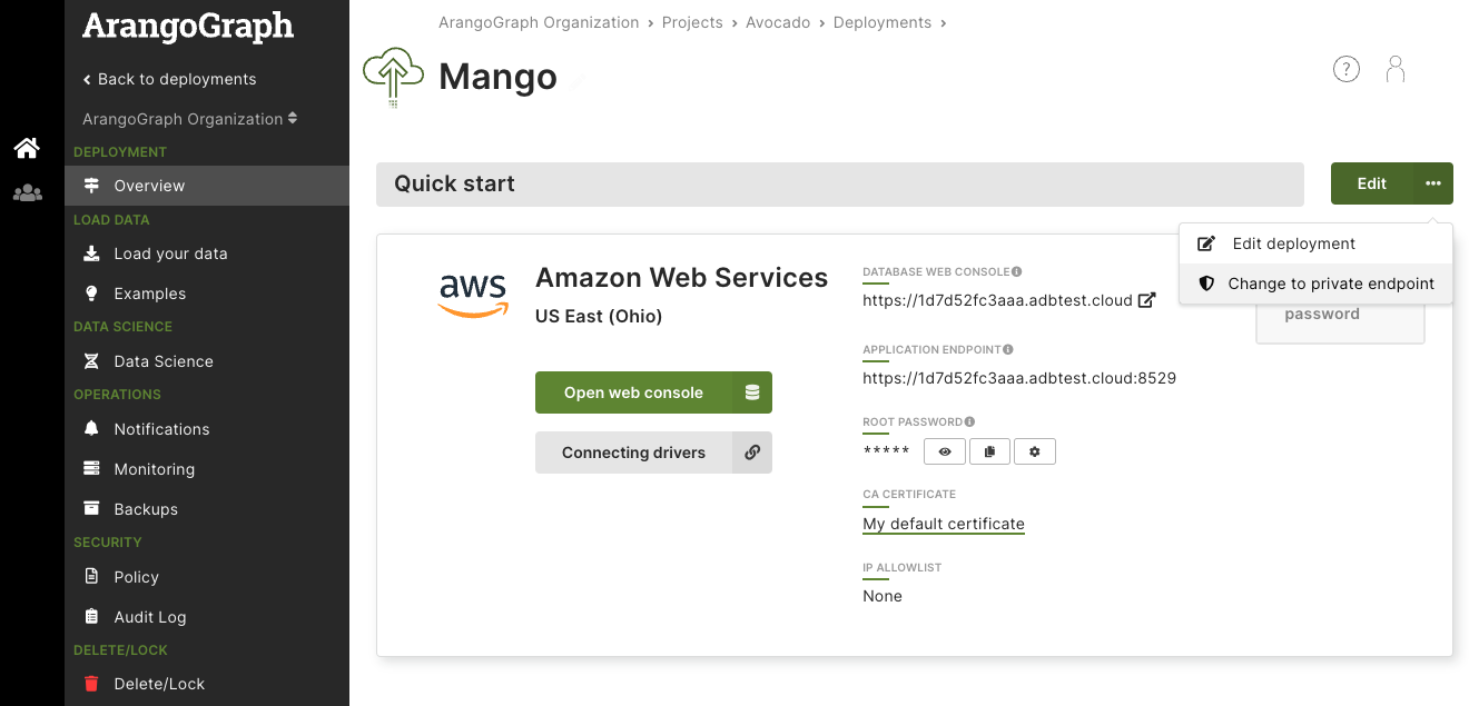 ArangoGraph Deployment AWS Change to Private Endpoint