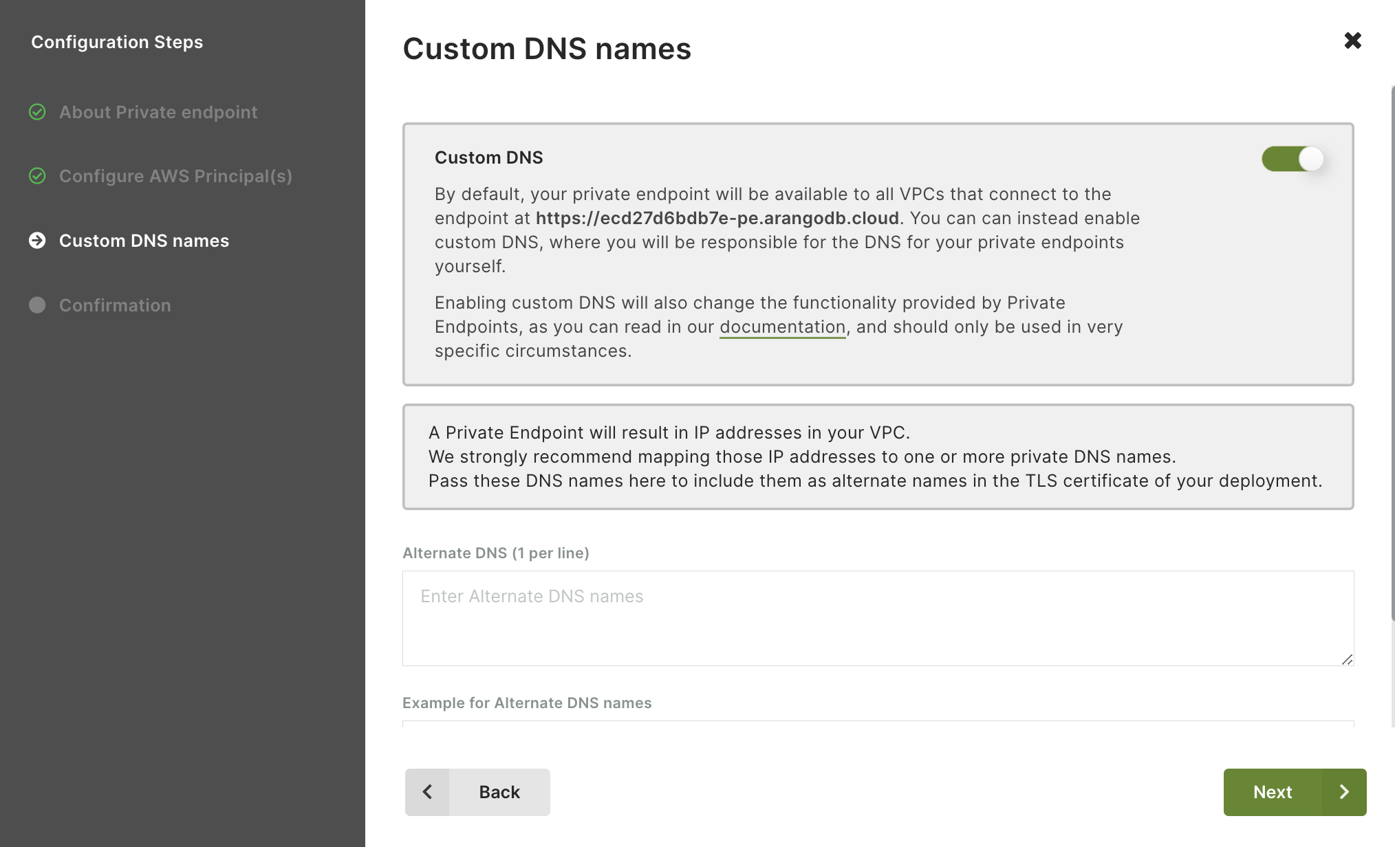 ArangoGraph AWS Private Endpoint Alternate DNS