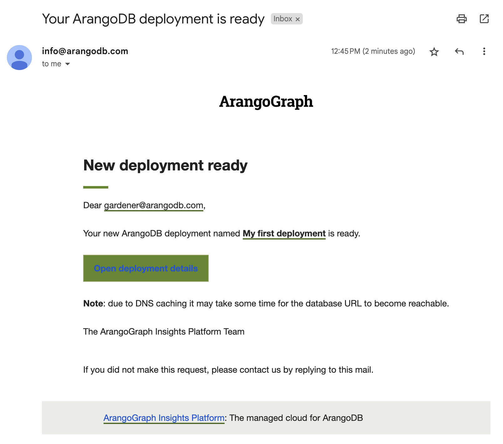 ArangoGraph Deployment Ready Email