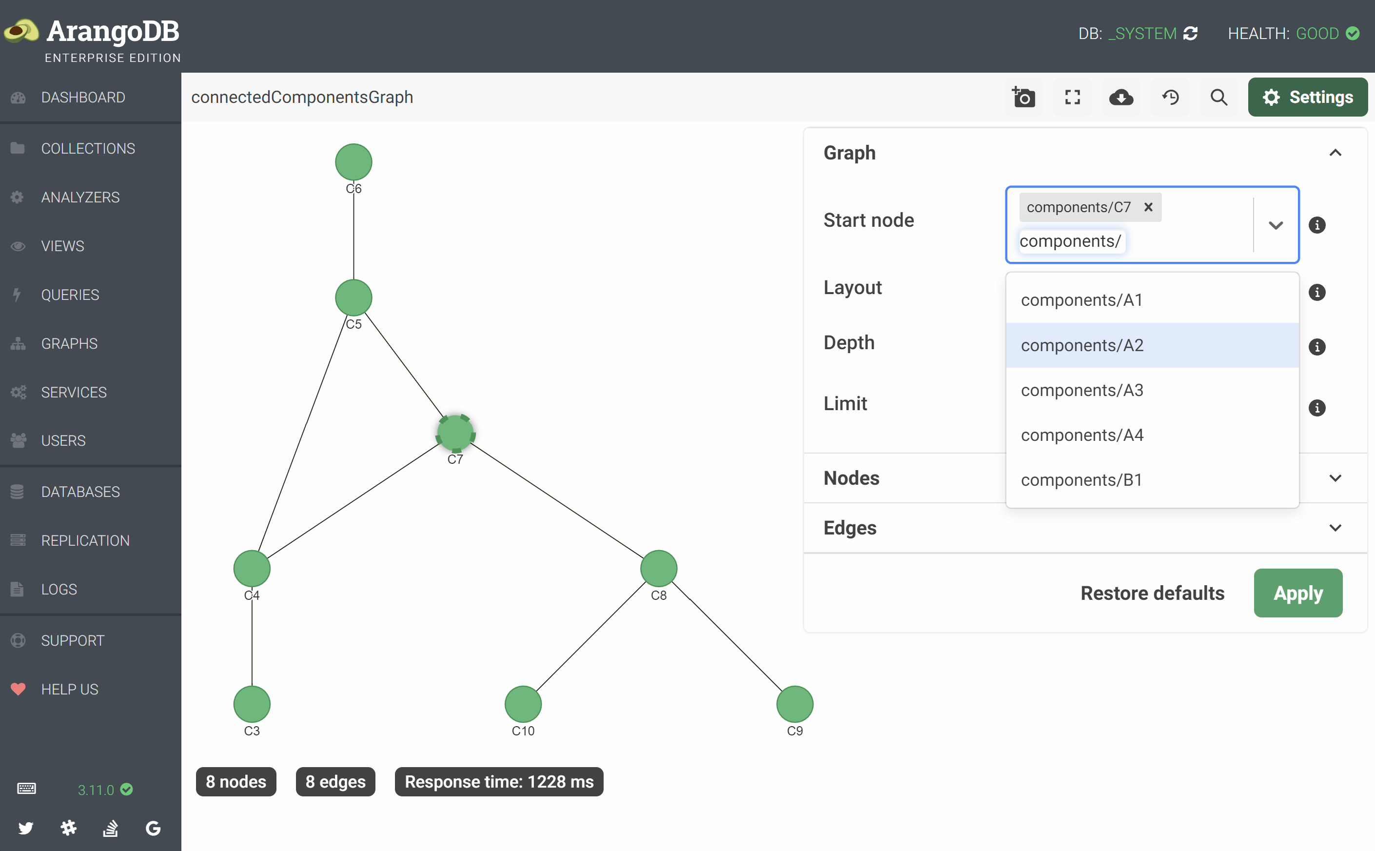 The graph viewer with the settings panel open
