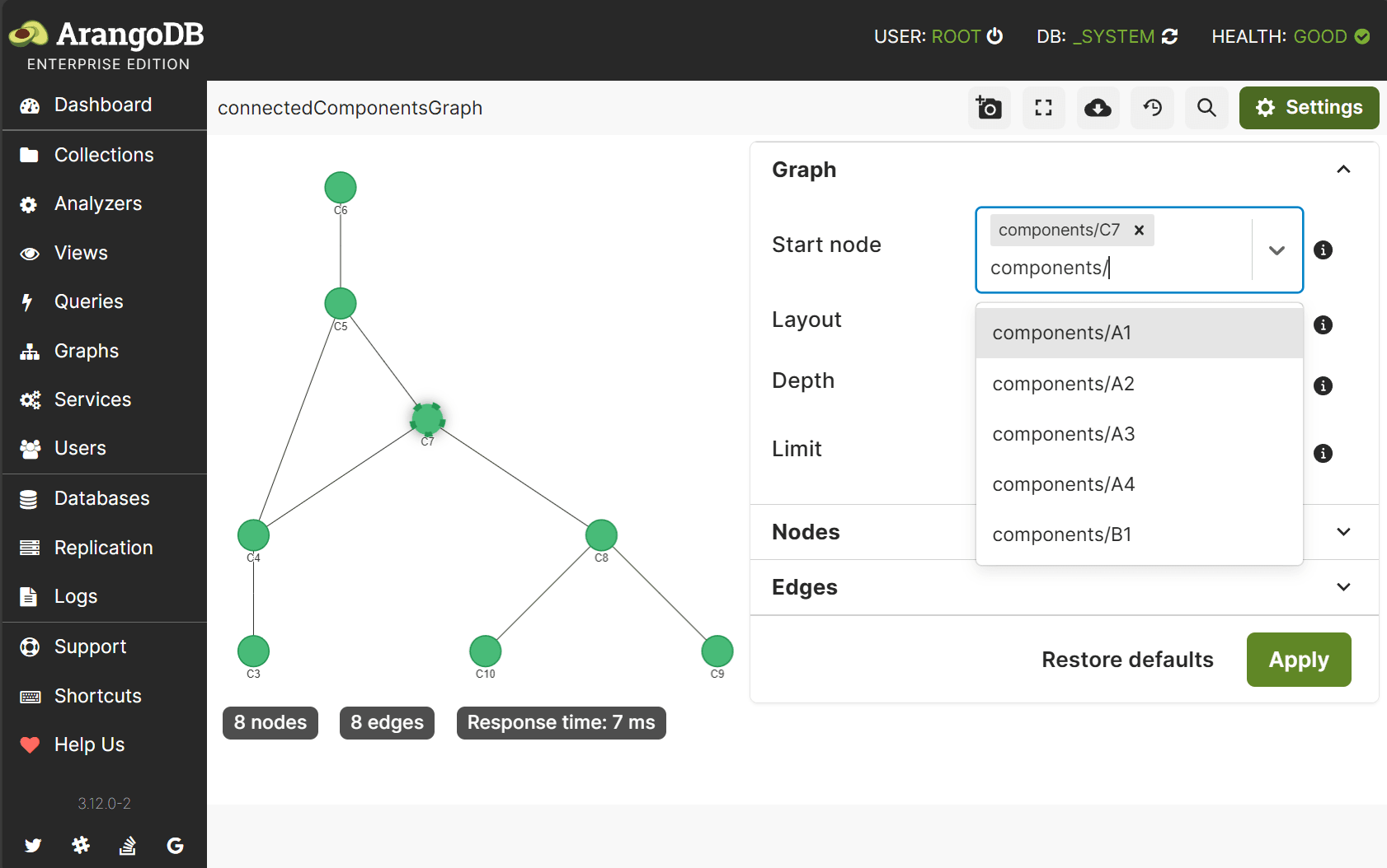 The graph viewer with the settings panel open